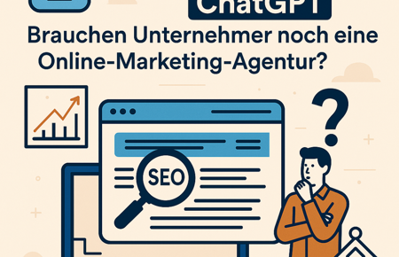 Digitale Illustration: Unternehmer blickt auf eine KI-gestützte Suchmaske mit Diagrammen, Chatbot-Symbolen und SEO-Elementen.