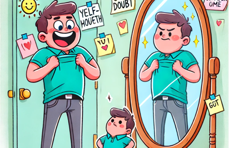 Eine Comic-Figur lachend und sehr selbstbewusst vor dem Spiegel, im Spiegelbild dieselbe Figur nur etwas verärgerter. Vor dem Spiegel dieselbe Figur nur wesentlich kleiner, auf die andere Person aufschauend.