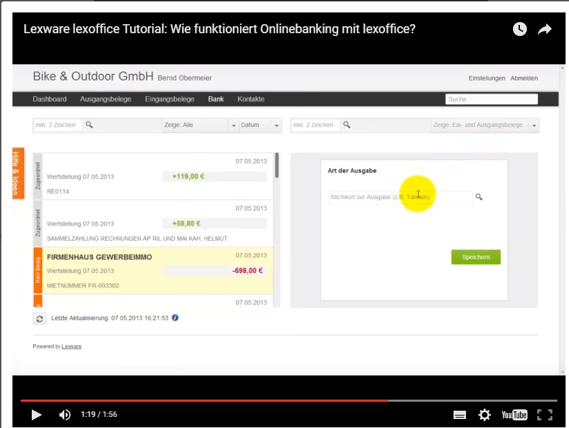 Screenshot Hilfe Video Lexoffice bei youtube